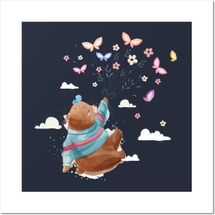 bear flying with butterflies Posters and Art